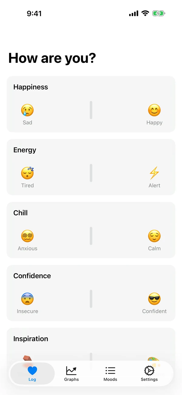 The Ebb check-in screen: 'How are you?' with sliders for Happiness, Energy, Chill and Confidence