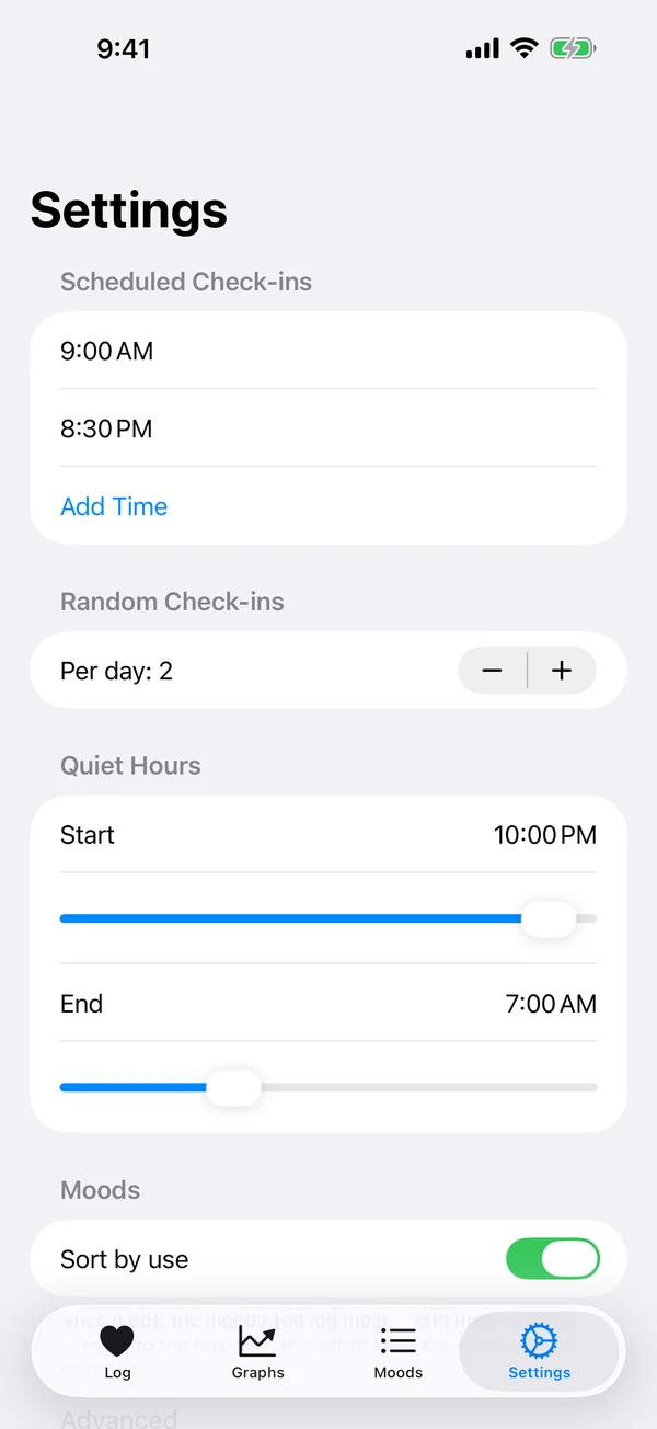 Settings screen with scheduled and random check-ins and quiet hours