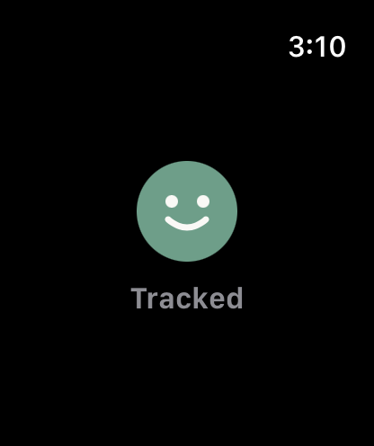 Apple Watch confirmation screen: a green smiley and the word Tracked